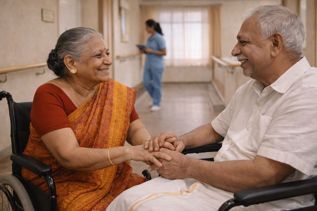 Modern old age home facilities with caring staff assisting elderly residents in Ramapuram Chennai