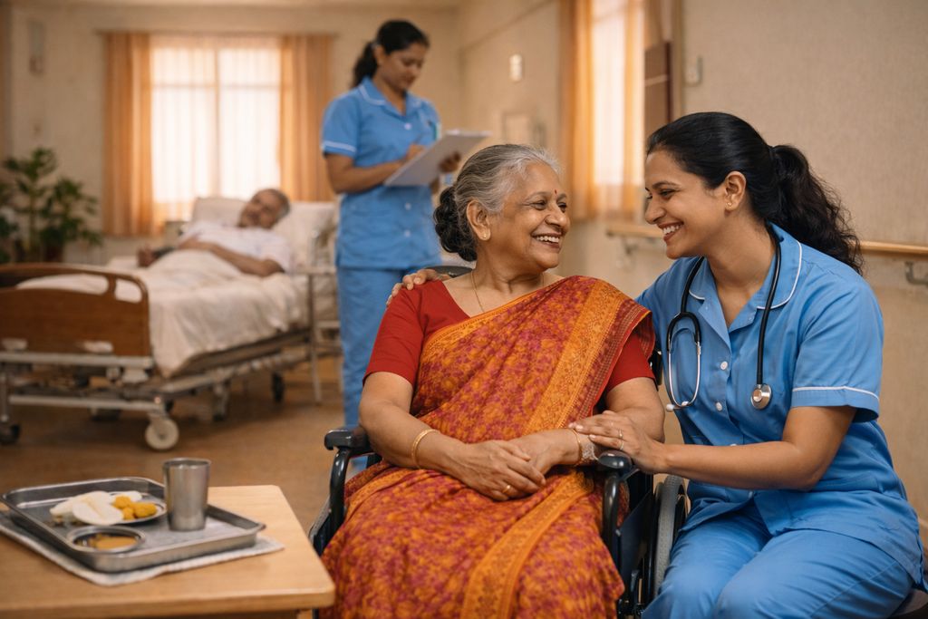 Family visiting elderly parent at John Bosco elder care facility in Ramapuram Chennai